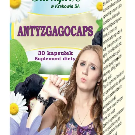 Opakowanie kartonowe zawiera Antyzgagocaps 30 kaps. Herbapol Kraków