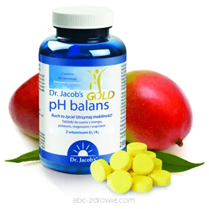 Opakowanie tabletek PH balans GOLD od Dr. Jacob’s o smaku mango. Zawierające minerały i witaminy wspomagające równowagę pH. Idealne dla aktywnych i seniorów.