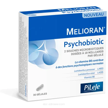 Opakowanie zawiera Melioran Psychobiotic-probiotyk na stres Pileje 30 kaps.