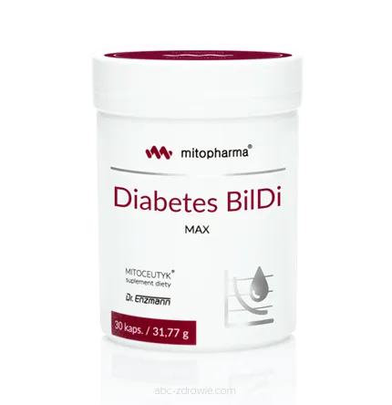 Opakowanie Diabetes BilDi Max, zawierające 30 kapsułek, dostępne na abc-zdrowie.com. Wsparcie w kontrolowaniu cukrzycy.