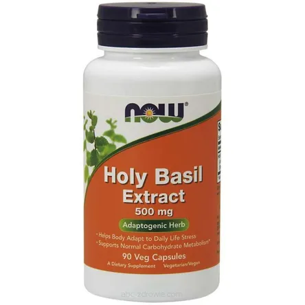 Opakowanie zawiera Holy Basil Extract - Tulsi - Bazylia Azjatycka (Święta Bazylia) 500 mg 90 kaps. NOW Foods