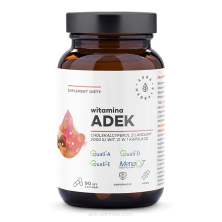 Opakowanie Witaminy ADEK od Aura Herbals, zawierające 90 kapsułek, na abc-zdrowie.com. Wspiera zdrowie kostne, wizję i ogólną kondycję.