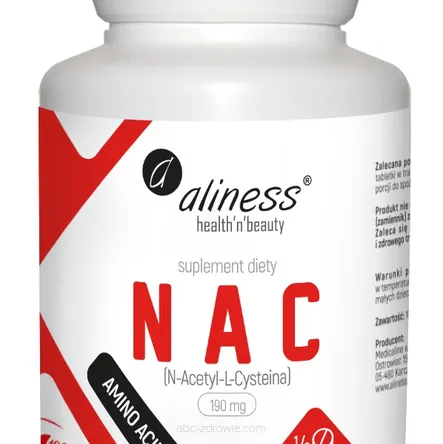 Opakowanie NAC N-Acetyl-L-Cysteina od Aliness. Naturalny antyoksydant w kapsułkach wegetariańskich.