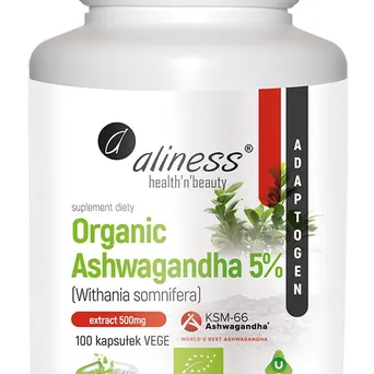 Ashwagandha Organic KSM-66 500mg, 5% Witanoloidów, Aliness, 100 kaps.