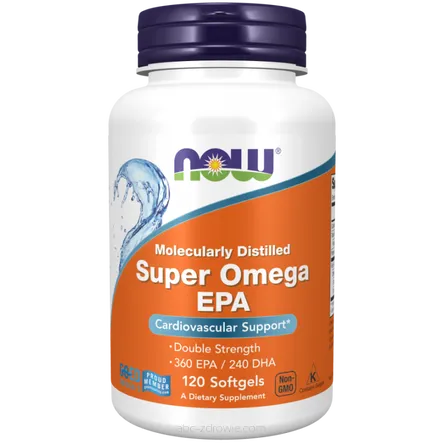Opakowanie zawiera Super Omega EPA destylowana molekularnie Now Foods 120 kaps.