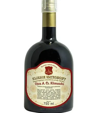 Butelka z ciemnego szkła zawiera Eliksir Wątrobowy na prawidłową pracę wątroby Ojca Klimuszko  750 ml