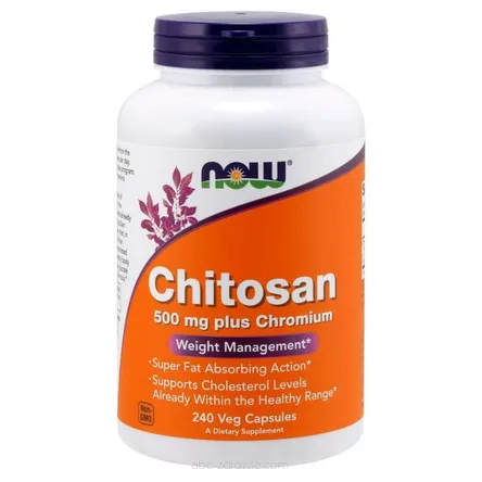 Opakowanie zawiera Chitosan - Chitozan 500 mg + Chrom 100 mcg 240 kaps. NOW Foods