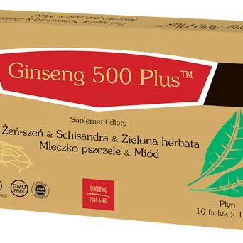 Ginseng 500 PLUS Żeńszeń + Schisandra + Zielona herbata + Mleczko pszczele + Miód 10x10ml (fiolki) GINSENG POLAND