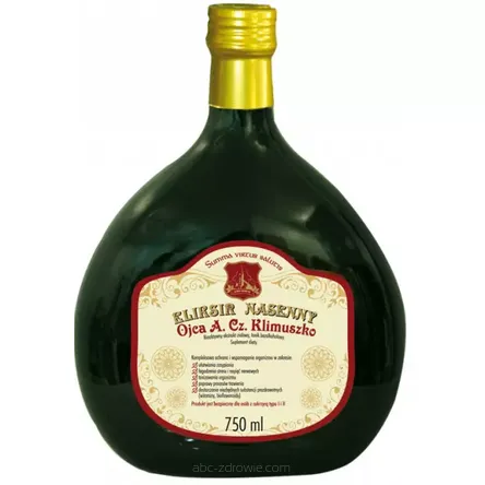 Butelka zawiera Eliksir Nasenny na wyciszenie i prawidłowy sen Ojca Klimuszko 750 ml