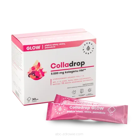 Opakowanie Colladrop GLOW z Aura Herbals, zawierające 30 saszetek z 5000 mg kolagenu morskiego, dostępne na abc-zdrowie.com. Dla pięknej skóry.