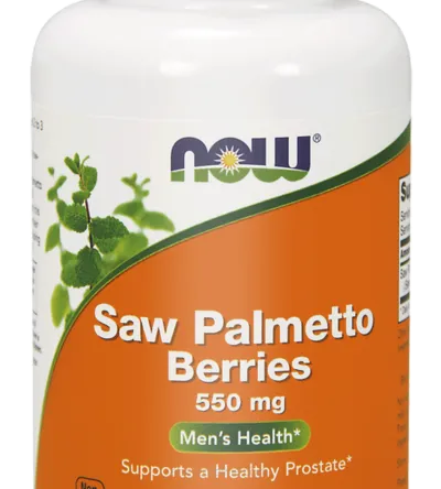 Biały słoiczek zawiera Saw Palmetto Berries, 550mg - 100 kaps. Now Foods