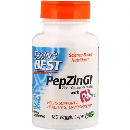 Opakowanie PepZin GI Doctor's Best, zawierające 120 kapsułek wegetariańskich, na abc-zdrowie.com. Wsparcie dla zdrowia żołądka i układu pokarmowego.