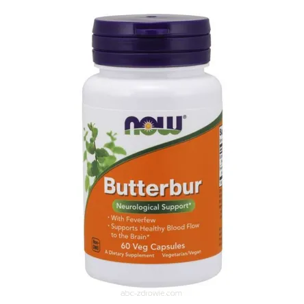 Opakowanie zawiera Butterbur - Lepiężnik Różowy 75 mg (60 kaps.) NOW Foods