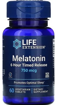 Opakowanie Melatoniny o 6-Godzinnym Uwalnianiu, 750mcg od Life Extension, 60 wegetariańskich tabletek, na abc-zdrowie.com. Wspomaganie zdrowego snu.