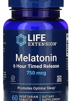 Melatonina o 6-godzinnym Uwalnianiu, 750mcg - Life Extension, 60 wegetariańskich tabletek