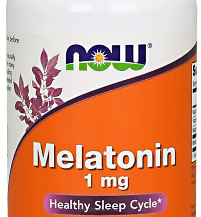 Opakowanie Melatoniny 1mg od Now Foods, zawierające 100 tabletek, na abc-zdrowie.com. Naturalne wsparcie dla spokojnego snu.