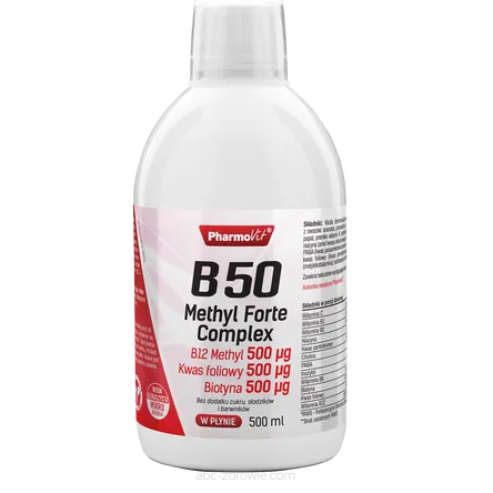 Butelka Pharmovit B 50 Complex Forte Methyl 500ml - skoncentrowany kompleks witamin z grupy B dla zdrowia i energii.