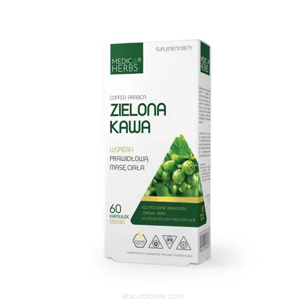Opakowanie Zielonej Kawy 550mg Medica Herbs, zawierające 60 kapsułek, na abc-zdrowie.com. Naturalne wsparcie w kontroli wagi.