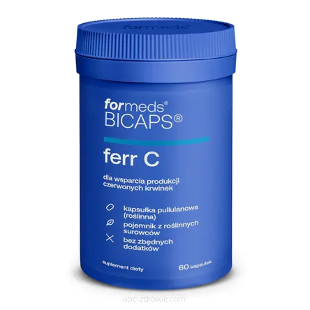 Opakowanie zawiera Żelazo w tabletkach FERR C Bicaps Formeds 60 kaps.