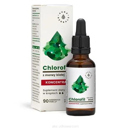 Butelka koncentratu chlorofilu z morwy białej Aura Herbals, 30ml. Naturalny i skoncentrowany, idealny do wspierania zdrowia.