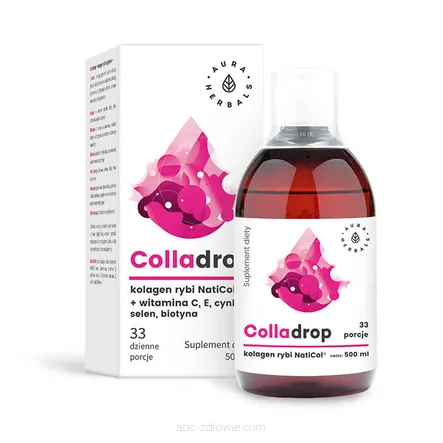 Colladrop NatiCol w płynie 500ml - Kolagen rybi + Witamina C, E, selen, cynk, biotyna-Aura Herbals