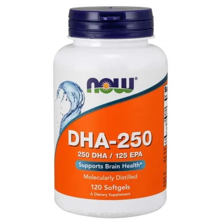 Opakowanie zawiera DHA - 250 DHA 125 EPA Kwas dokozaheksaenowy 250 mg (120 kaps.) NOW Foods