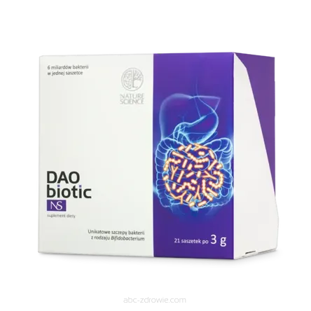 Opakowanie DAO BIOTIC NS 63 G, zawierające probiotyk z unikatowymi szczepami Bifidobacterium, dostępne na abc-zdrowie.com. Wsparcie dla mikroflory jelitowej.