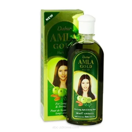 Butelka w kolorze zielonym zawiera Olej do włosów Amla firmy Dabur 200 ml