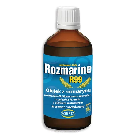 Butelka olejku Rozmarine R99, mieszanka olejku z rozmarynu i szałwiowego, 10ml, dostępna na abc-zdrowie.com. Naturalna pielęgnacja i aromaterapia.