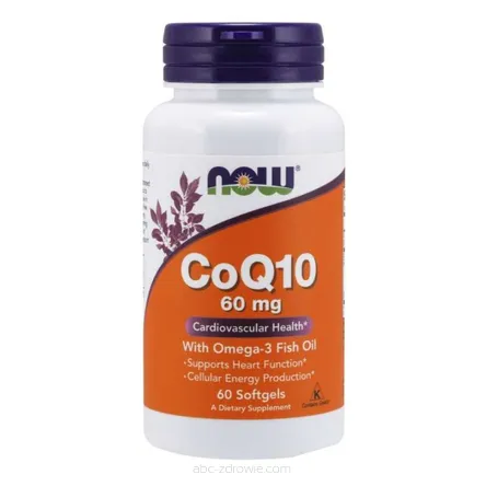 Opakowanie zawiera Koenzym Q10 60 mg + Kwasy Omega-3 60 kaps. NOW Foods