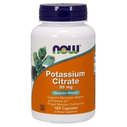 Opakowanie zawiera Potassium Citrate - Potas /cytrynian potasu/ 99 mg 180 kaps. NOW Foods