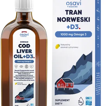 Tran Norweski + D3, 1000mg Omega 3 (Cytryna) - 250 ml.