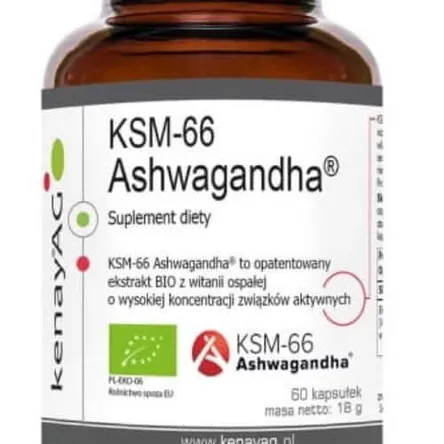 Opakowanie Ashwagandhy KSM-66 BIO KENAY AG, zawierające 60 kapsułek, na abc-zdrowie.com. Naturalne wsparcie w walce ze stresem.