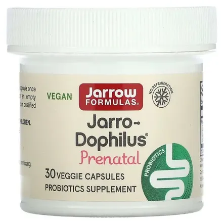Opakowanie zawiera probiotyki ciążowe Jarro-Dophilus Prenatal, 6 Billion CFU  Jarrow Formulas- 30 Kaps