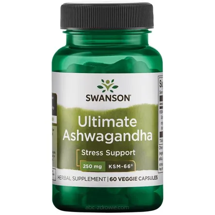 Zielona butelka zawiera  Ultimate Ashwagandha KSM-66 ekstrakt 250mg,Swanson 60 vcaps.
