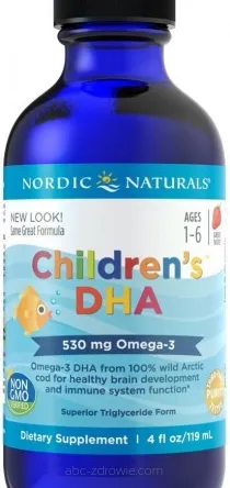 DHA dla dzieci, od 1 roku życia 530mg truskawka  Nordic Naturals 119 ml.