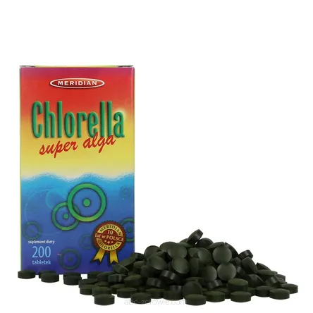 Opakowanie zawiera Chlorella Algi Prasowane  200 Tabletek MERIDIAN