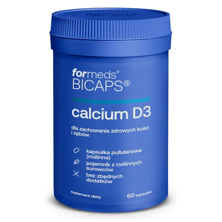 Niebieskie opakowanie zawiera Calcium D3 Bicaps fimy Formeds 60 kapsułek.