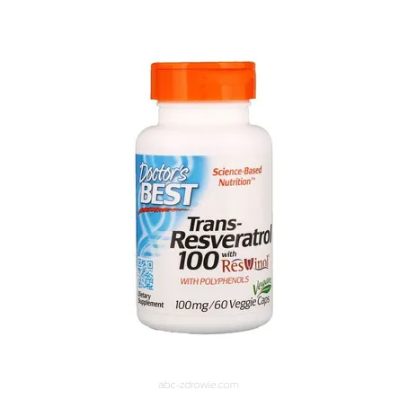 Opakowanie zawiera Resweratrol trans z  ResVinol-25, 100mg Doctor's Best 60 vege kapsułki
