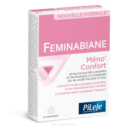 Opakowanie zawiera Feminabiane Meno'Comfort, tabletki na menopauzę ,Pileje 30 tab.