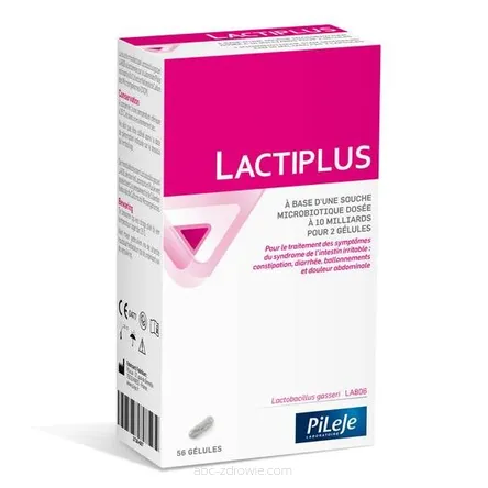 Opakowanie LACTIPLUS Probiotyku Pileje, zawierające 56 kapsułek, na abc-zdrowie.com. Dedykowany dla ulgi w zespole jelita drażliwego.