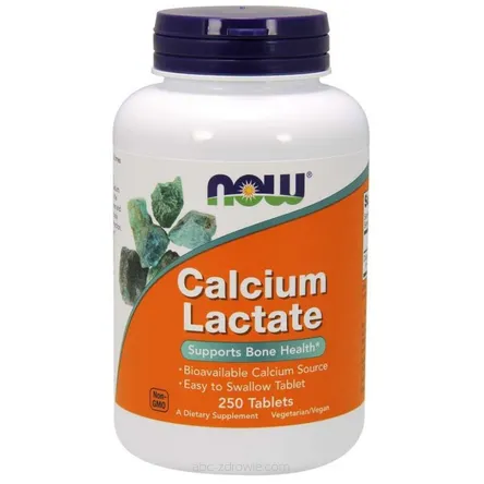 Opakowanie zawiera Mleczan Wapnia-Calcium Lactate 250 tabl. NOW Foods