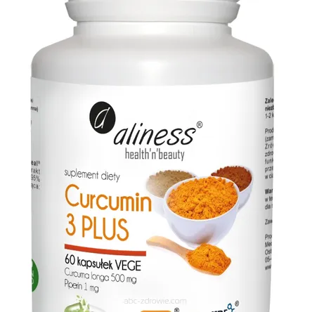 Opakowanie suplementu diety ALINESS zawierającego Kurkumę z Piperyną, Curcumin C3 COMPLEX PLUS w formie 60 kapsułek.