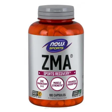 Opakowanie zawiera ZMA - Cynk, Magnez i Witamina B6 180 kaps. NOW Foods