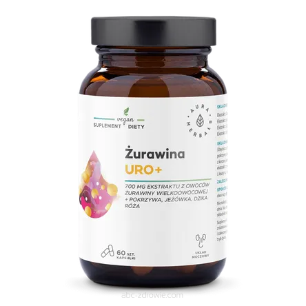 Opakowanie Żurawiny Uro+ od Aura Herbals, zawierające 60 kapsułek wegetariańskich, na abc-zdrowie.com. Naturalne wsparcie dla układu moczowego.