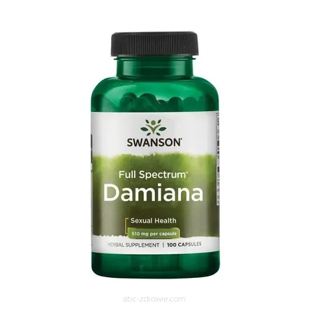 Opakowanie zawiera Full Spectrum Ziele Damiana 510 mg Swanson 100 kaps.